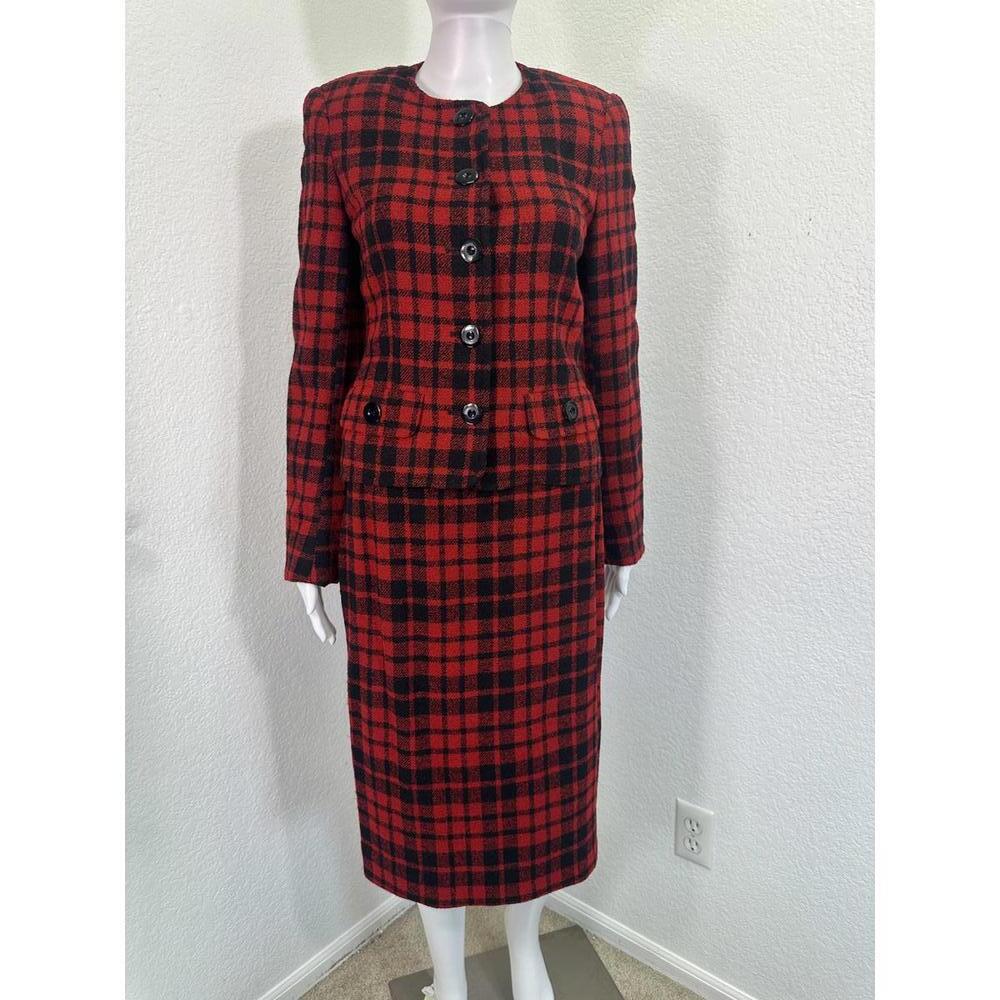 Vtg Sz S Jaeger Black Red Plaid Wool Blend Skirt Suit Dark Academia Work Office